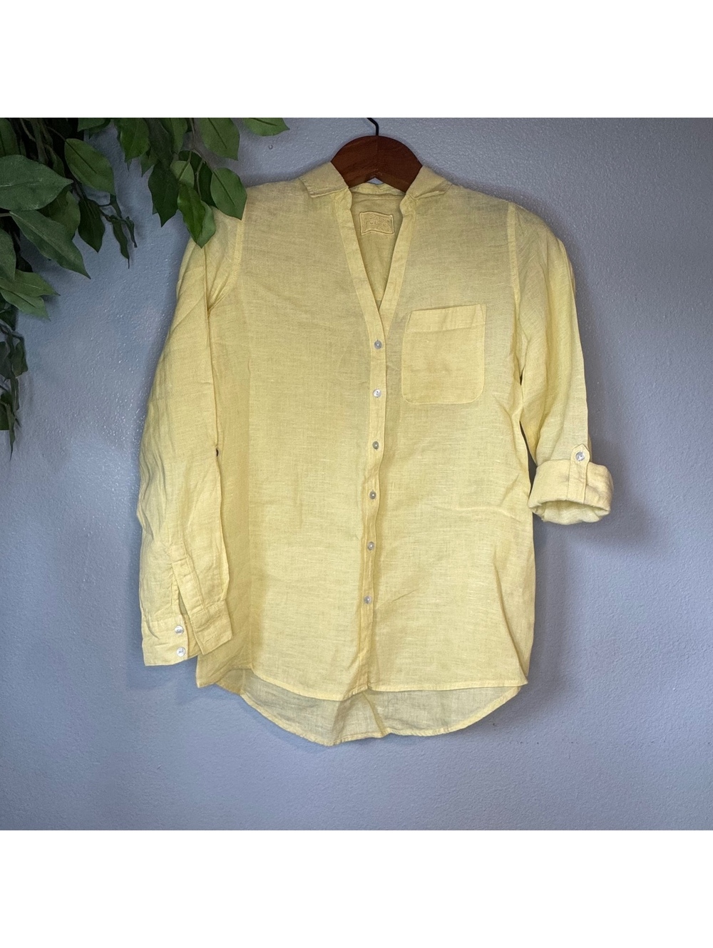 Yellow Linen Button Front Blouse Sigrid Olsen Roll Tab Sleeve Coastal Shirt - Picture 2 of 5